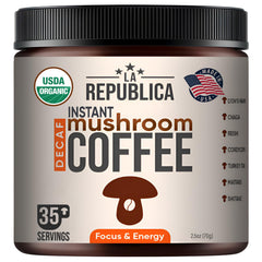 LRLA La Republica Decaf Mushroom Coffee jar for daily mindful sipping.