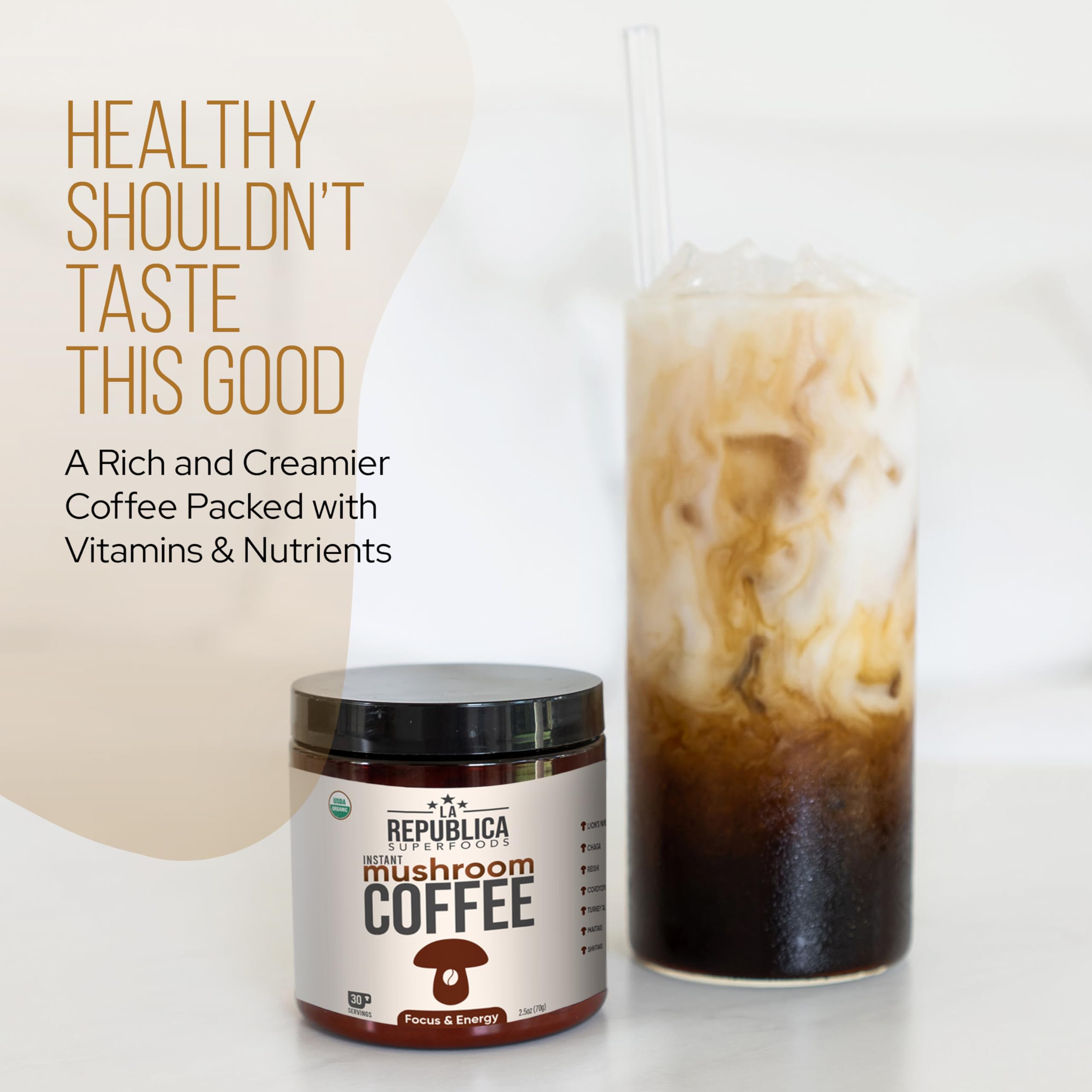 LRLA SUPERFOODS La Republica mushroom coffee scoop with seven-mushroom blend for focus