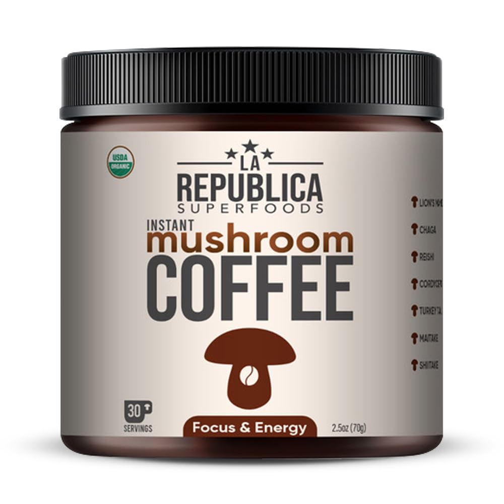 LRLA SUPERFOODS La Republica mushroom coffee jar showing premium blend for steady energy