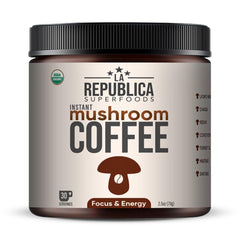 LRLA SUPERFOODS La Republica mushroom coffee jar showing premium blend for steady energy