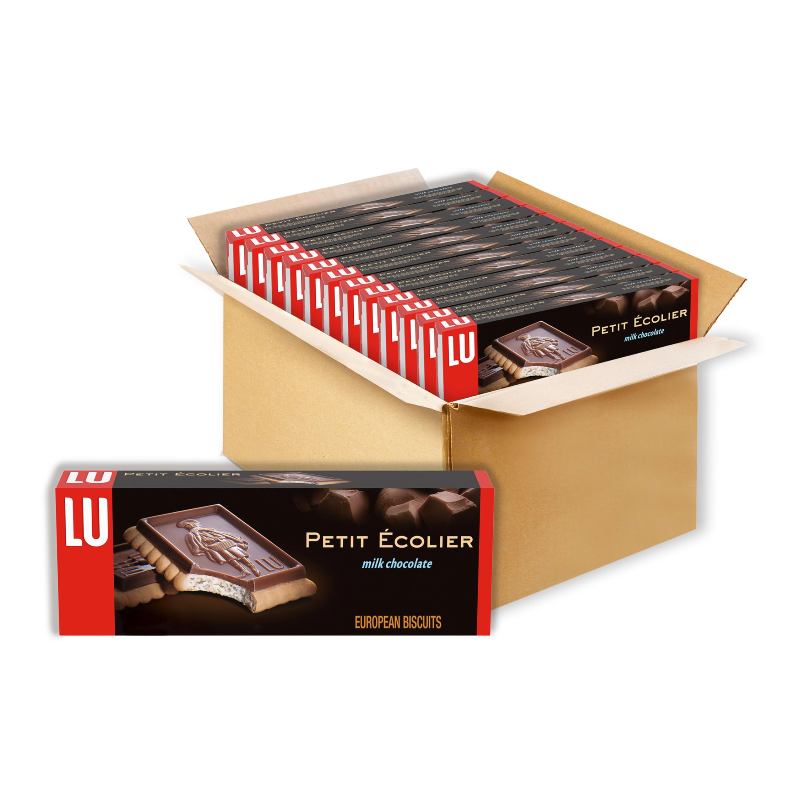 LU Petit Ecolier European milk chocolate biscuits in a twelve-box pack, perfect for sharing
