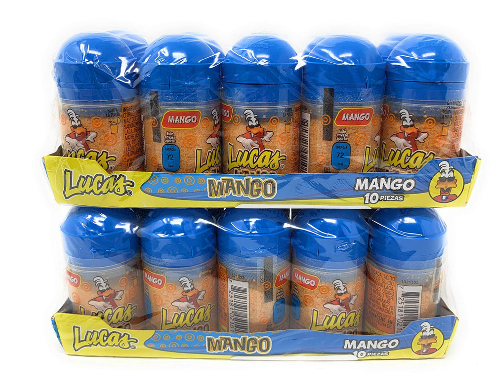 Lucas Candy Baby Lucas Mango Dispenser pack open showing bite-sized treats; shareable snack.