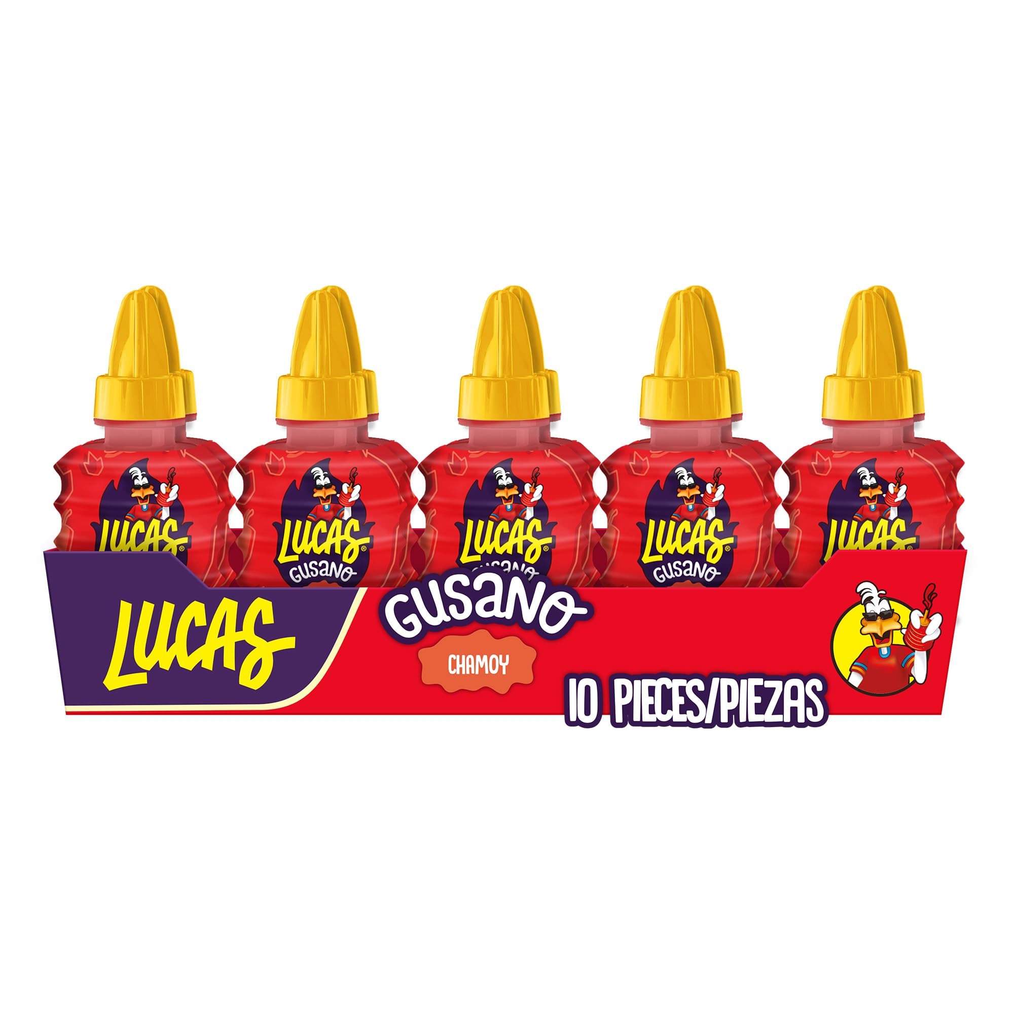 Lucas Chamoy Gusano candy close-up showing tangy glaze and spicy kick
