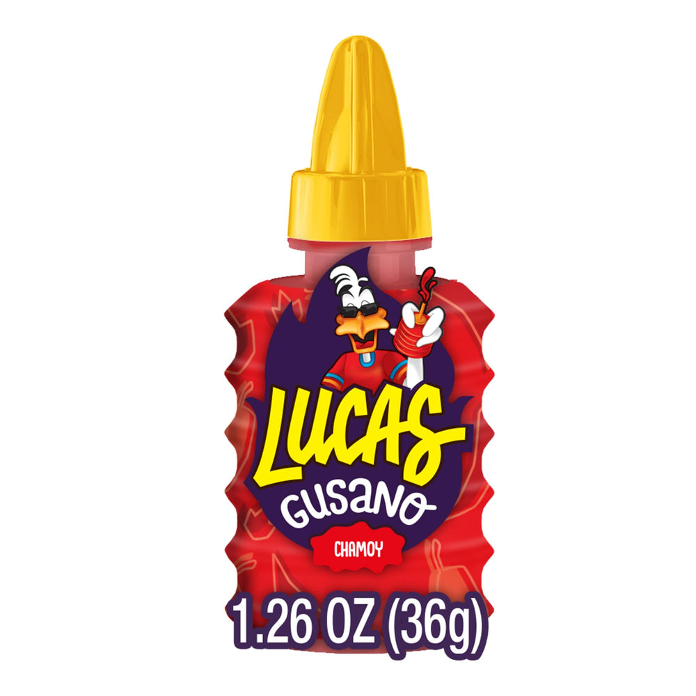 Lucas Chamoy Gusano glossy coating close-up highlighting flavor