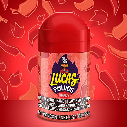 Lucas Chamoy powder packaging closeup emphasizes portability and freshness