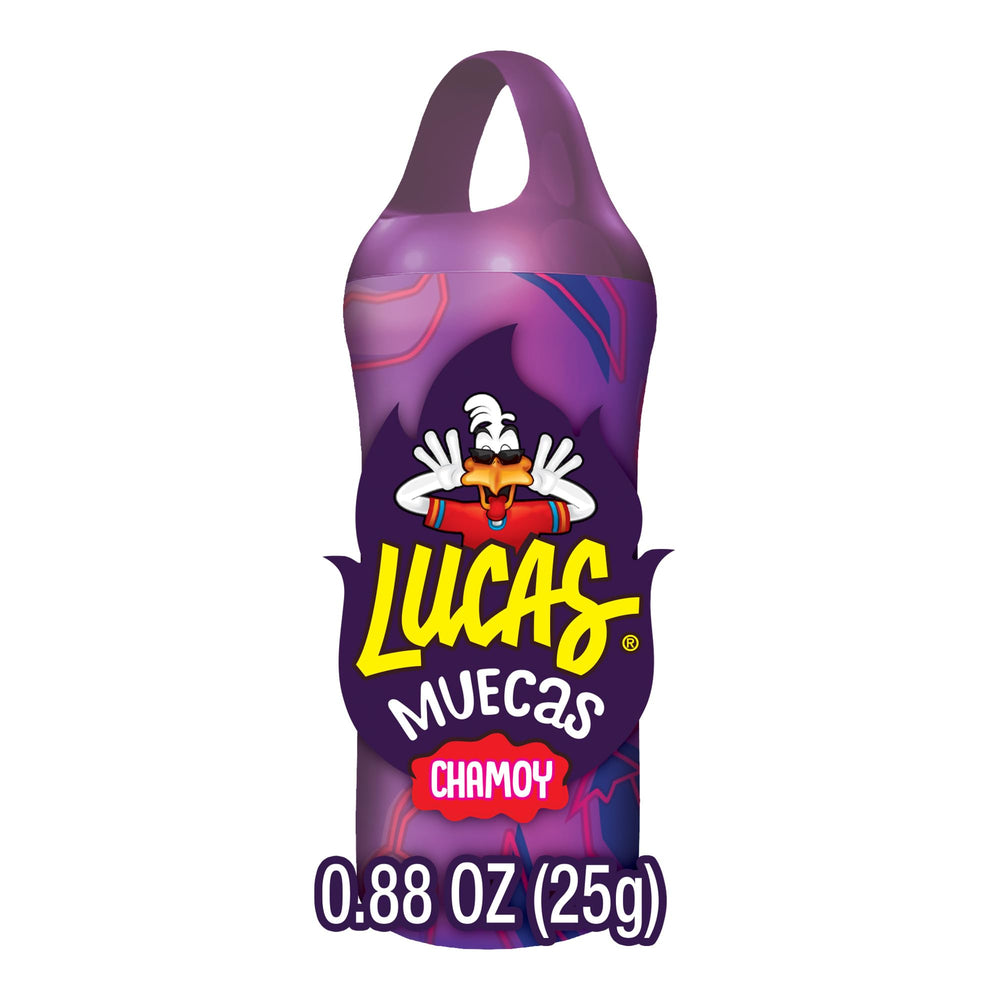 Lucas Muecas Chamoy Lollipop in-hand for portable snacking.
