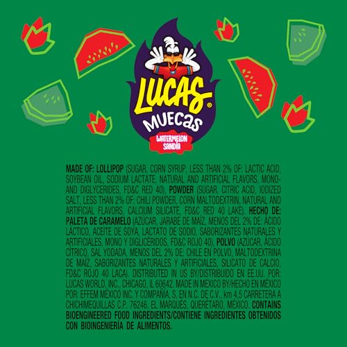 Lucas Muecas chamoy mango flavor lollipops display; colorful variety for piñatas.