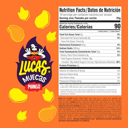 Lucas Muecas Mango Lollipop closeup reveals bright mango candy with chili dust.