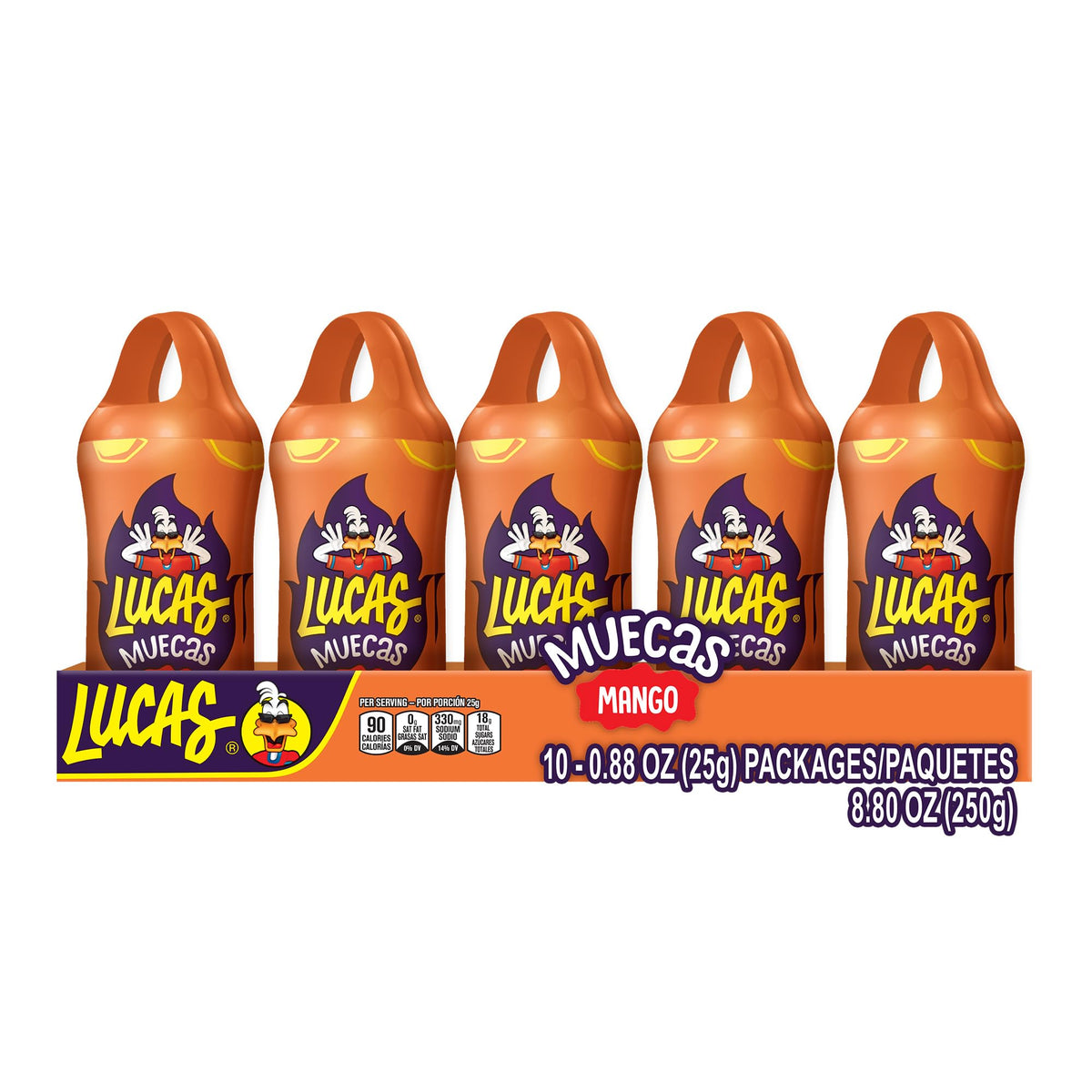 Lucas Muecas Mango Lollipop pack front showing ten spicy-sweet treats for sharing.