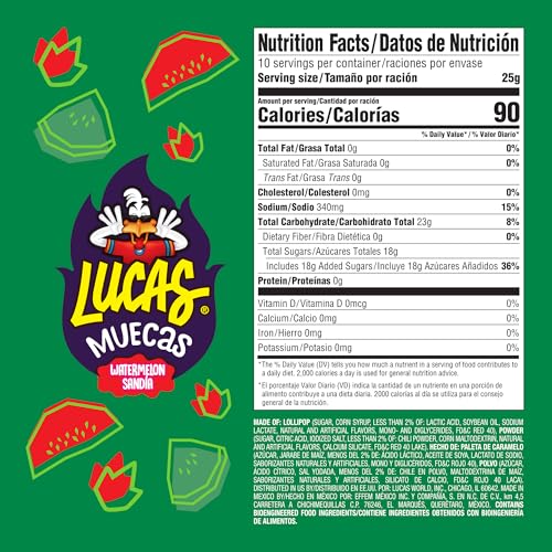 Lucas Muecas Watermelon Lollipop pack front; convenient 10-piece display for gifting.