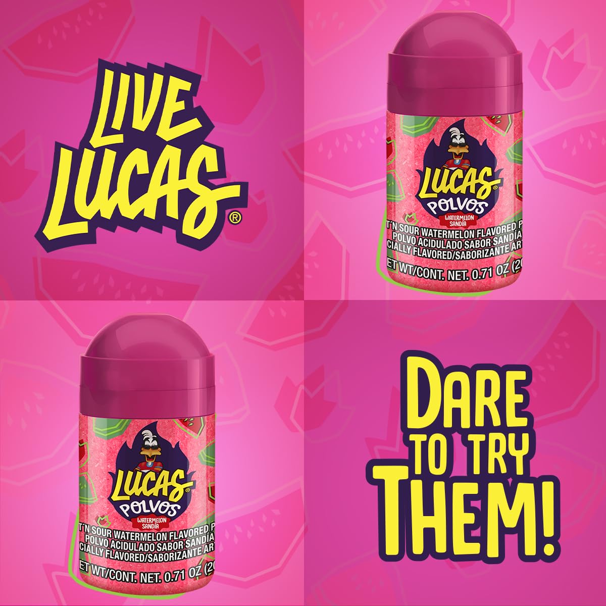 Lucas Powder Watermelon Candy paired with fresh fruit for snacking.