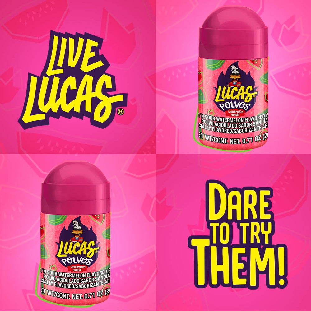 Lucas Powder Watermelon Candy paired with fresh fruit for snacking.