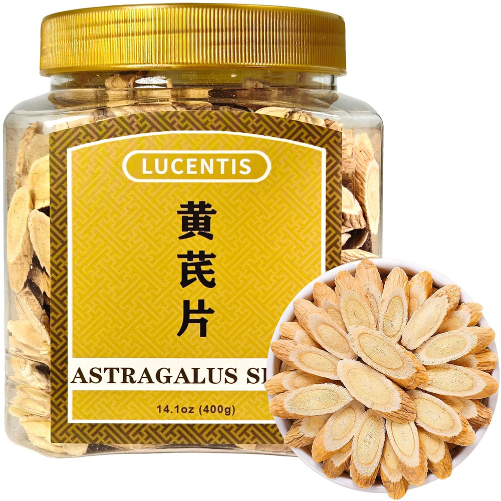 Lucentis packaging shows premium astragalus root tea slices for daily brew.
