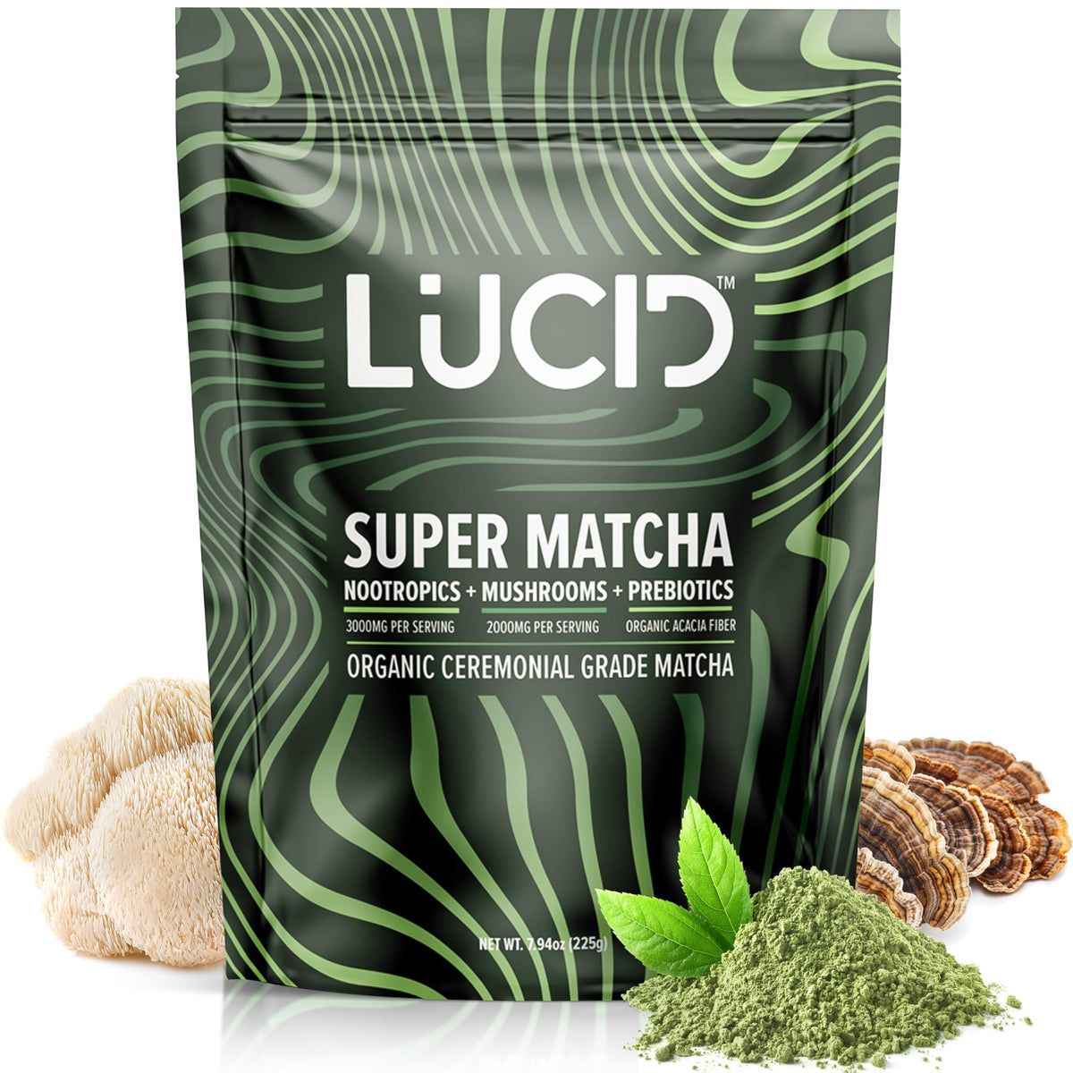 Lucid Mushroom Matcha bottle featuring Lions Mane highlights focus-enhancing notes