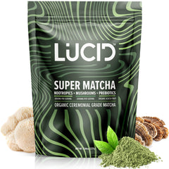Lucid Mushroom Matcha bottle featuring Lions Mane highlights focus-enhancing notes