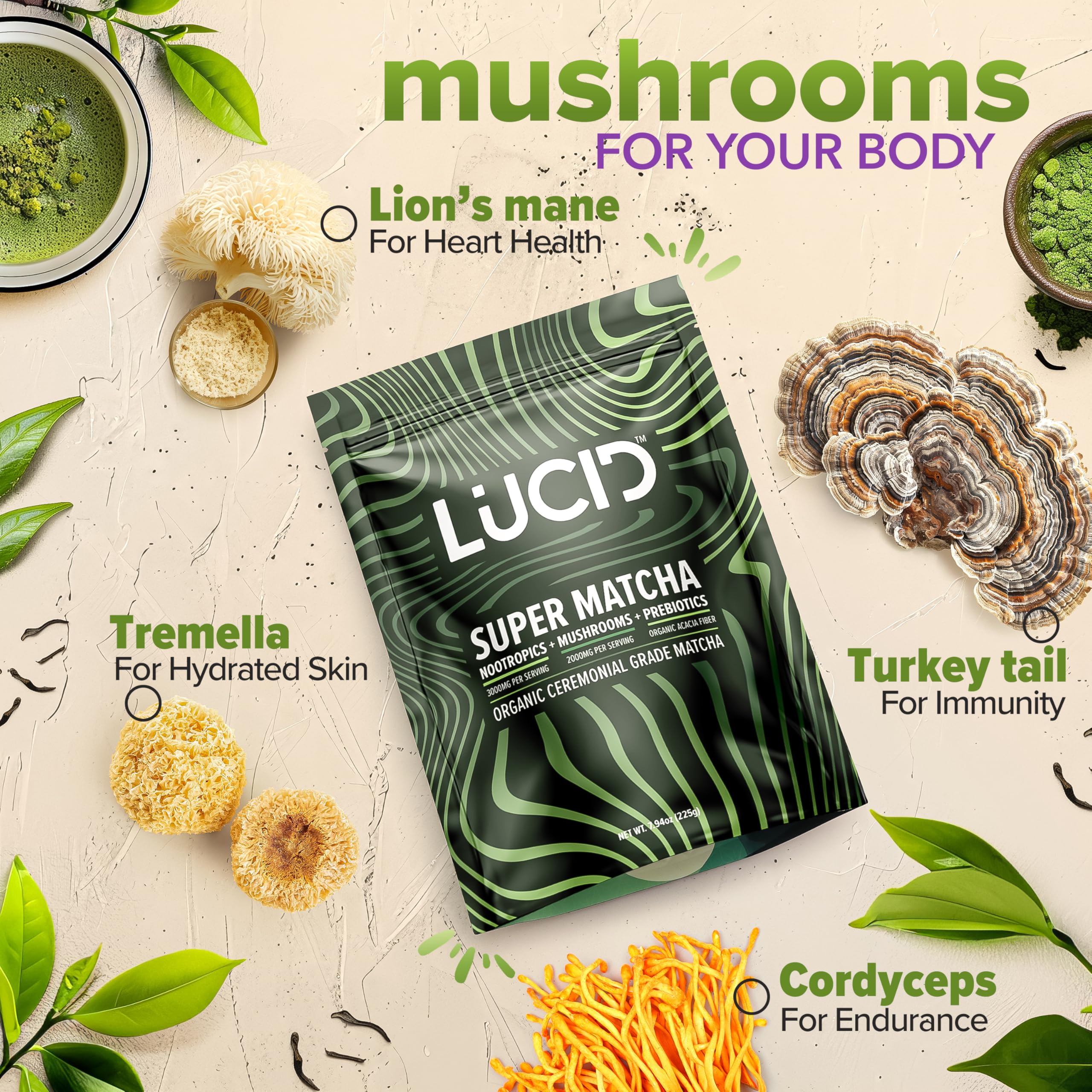 Lucid Mushroom Matcha cup with steam conveys rich aroma and smooth texture