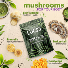 Lucid Mushroom Matcha cup with steam conveys rich aroma and smooth texture