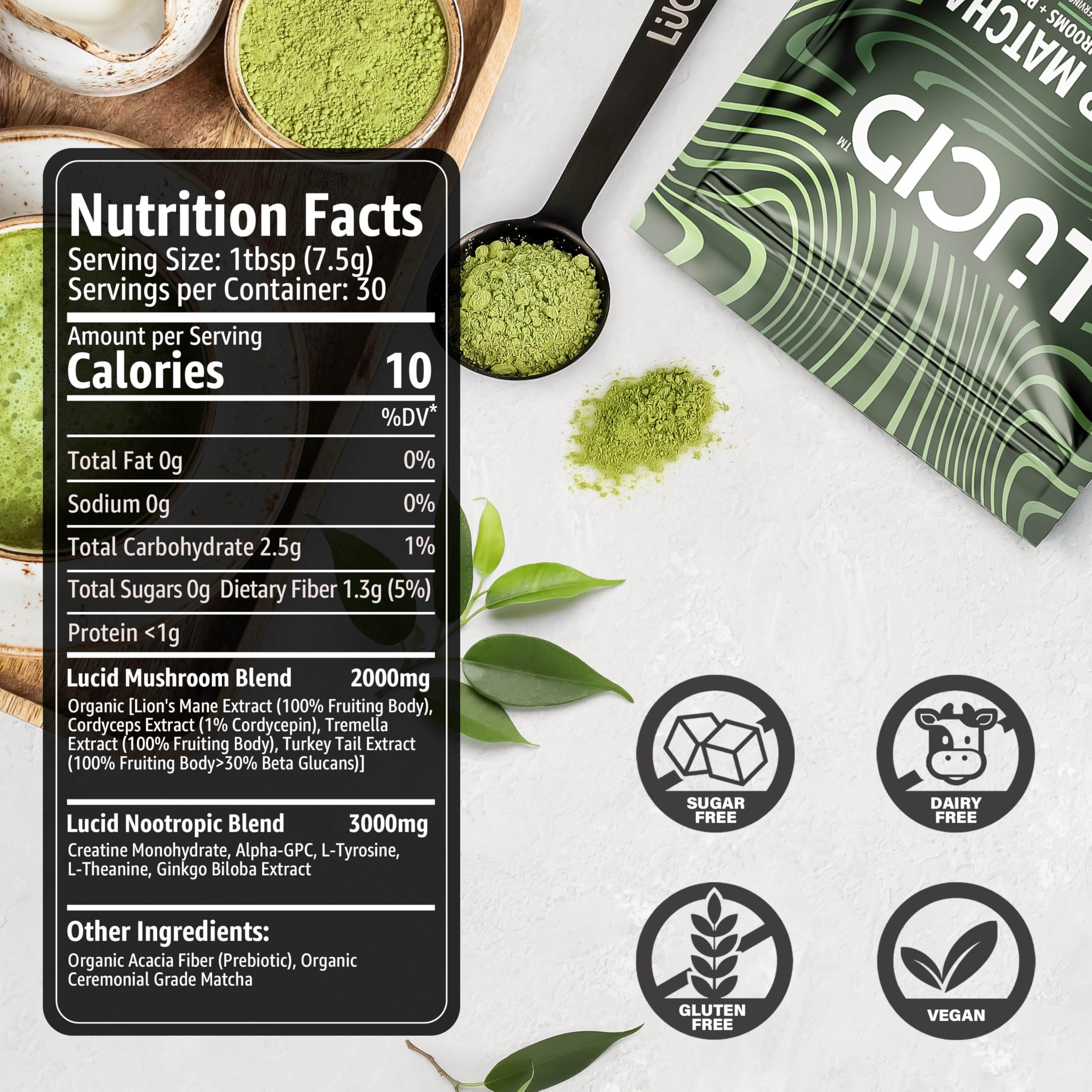 Lucid Mushroom Matcha instant mix dissolves smoothly for quick preparation