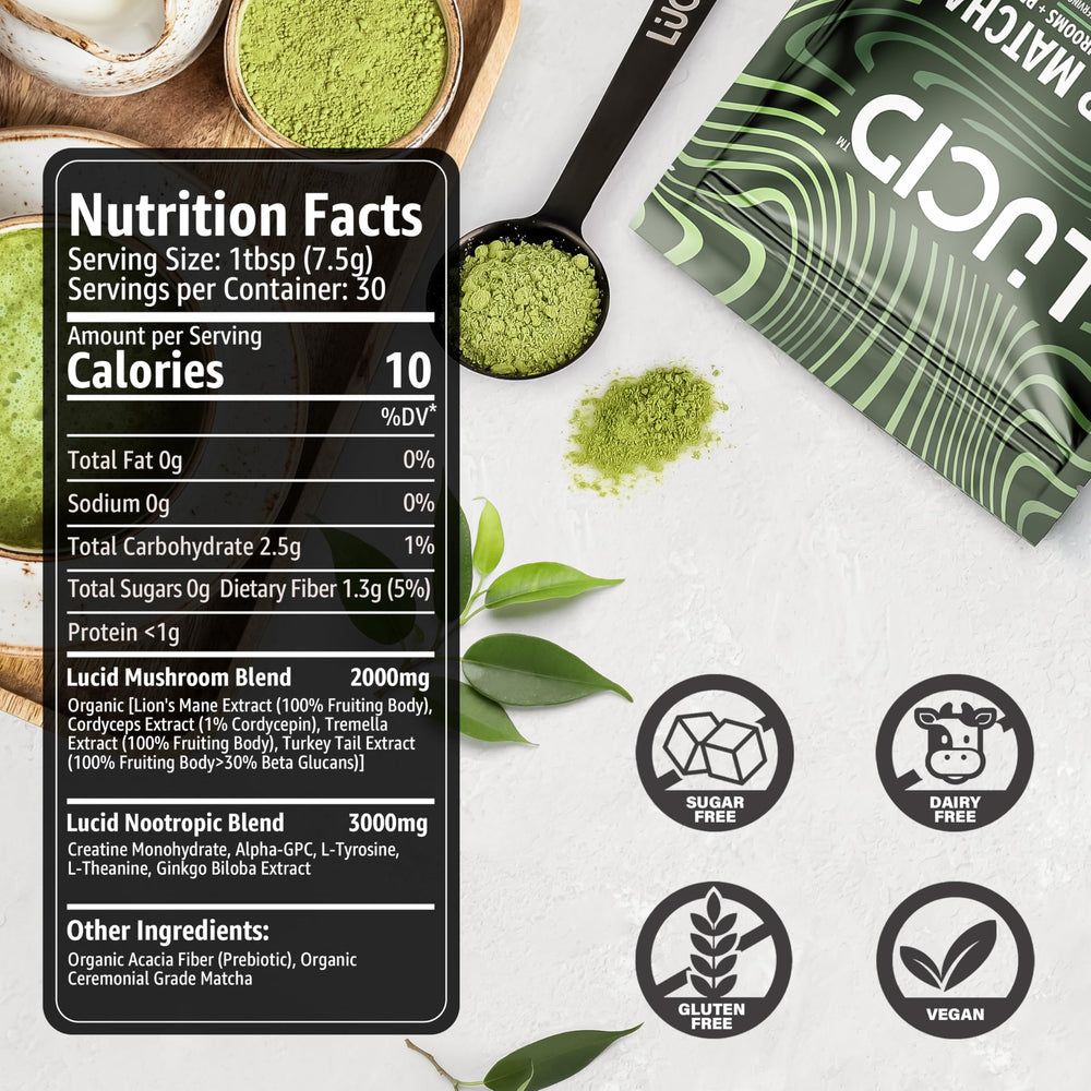 Lucid Mushroom Matcha instant mix dissolves smoothly for quick preparation