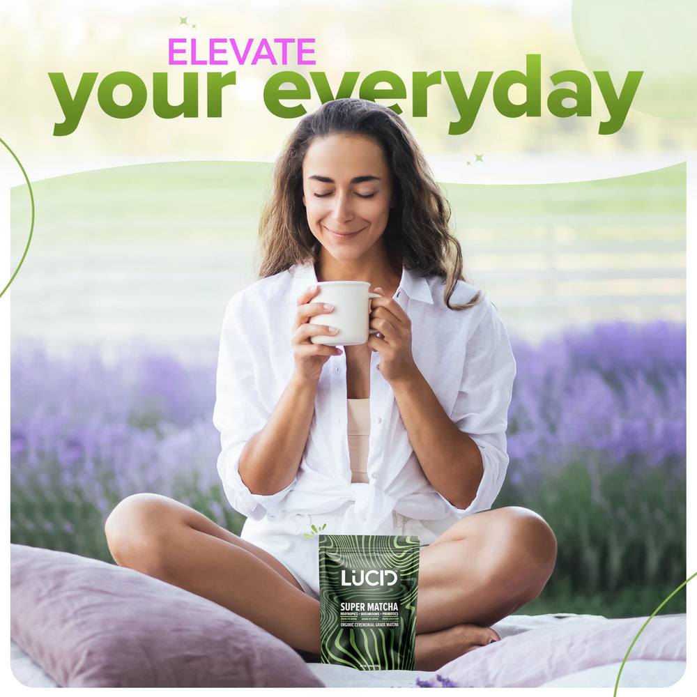 Lucid Mushroom Matcha packaging highlights USA-grown ingredients and purity