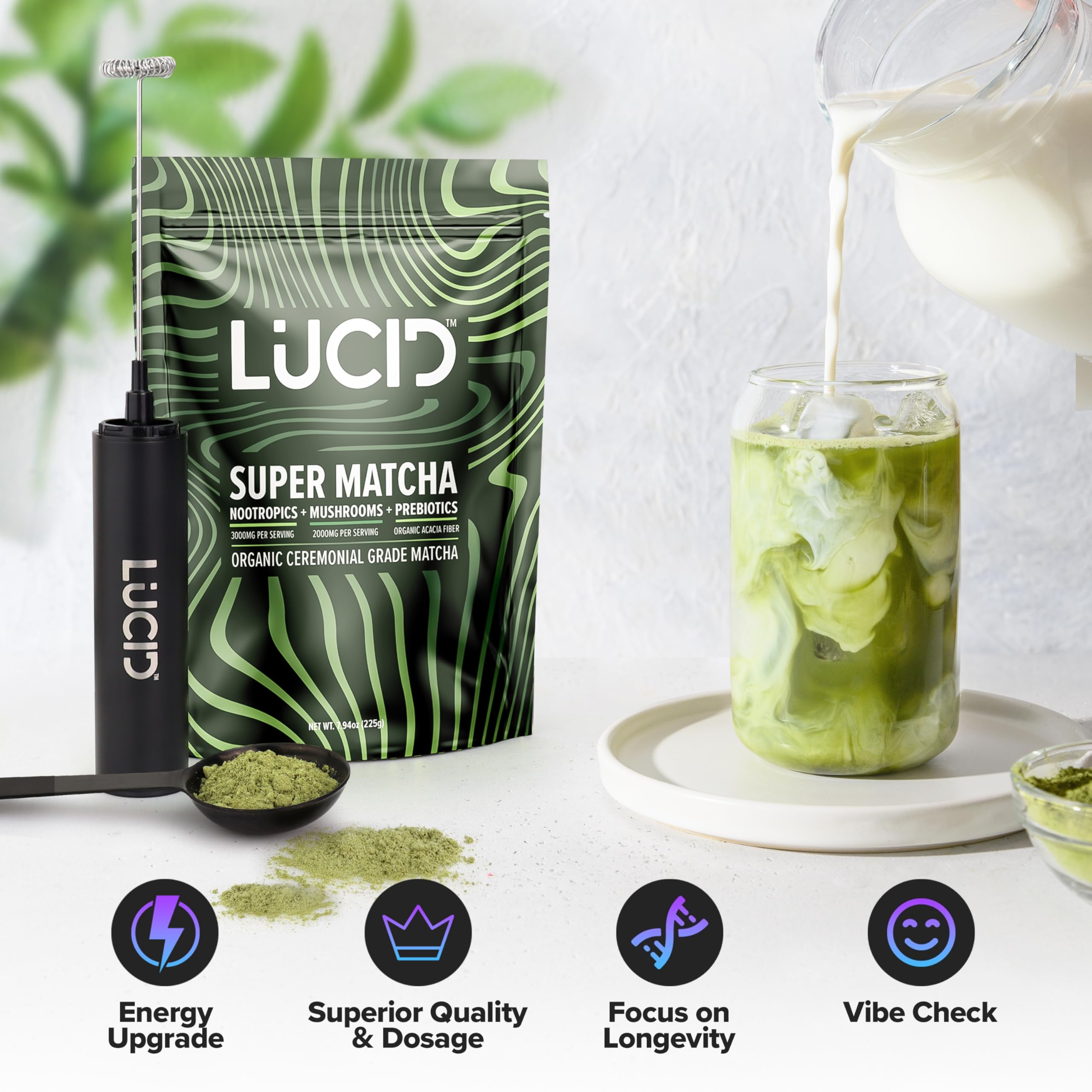Lucid Mushroom Matcha scoop demonstrates simple one-mix preparation