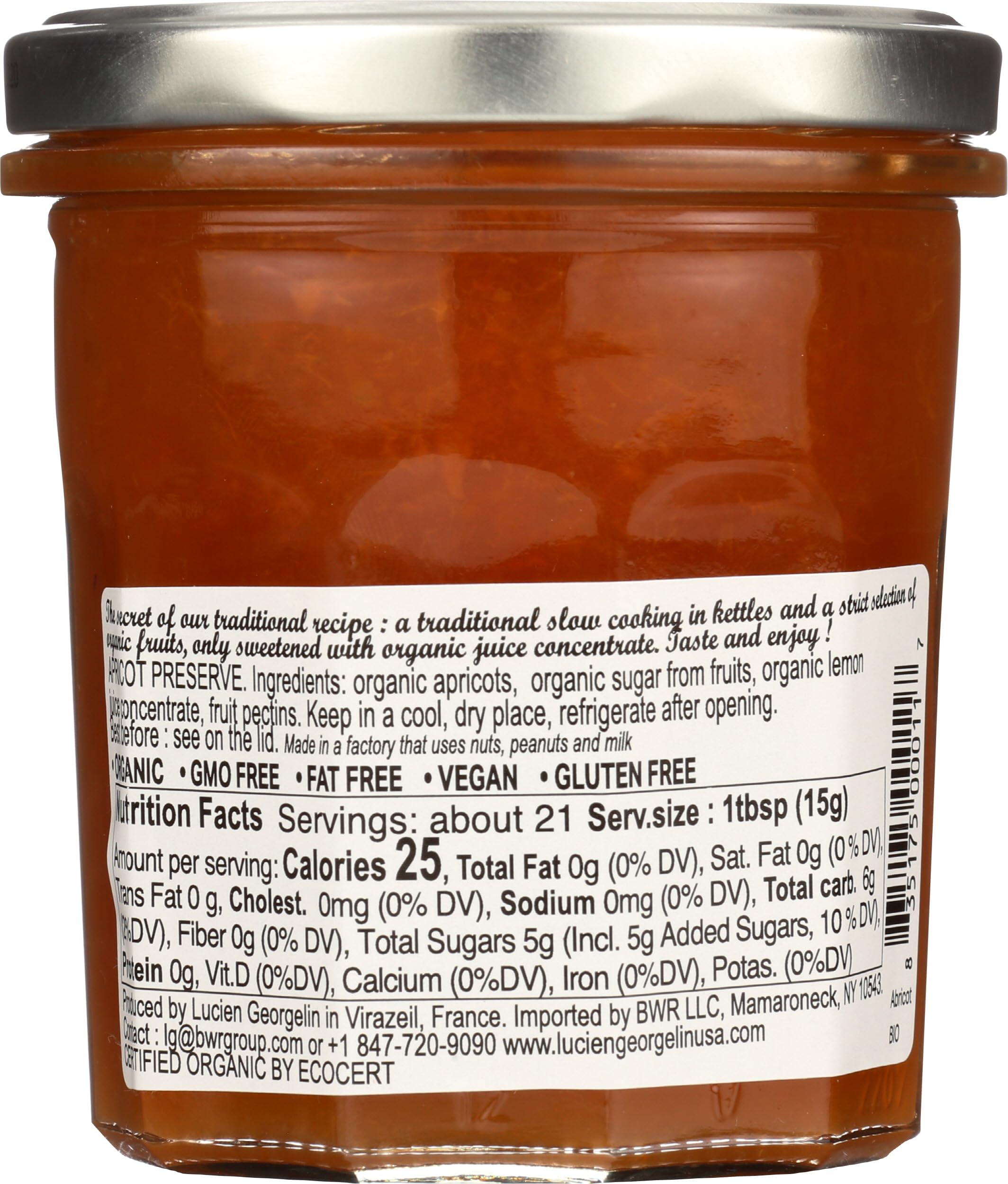 Lucien Georgelin Organic apricot spread closeup highlights fruit-forward flavor for mornings.