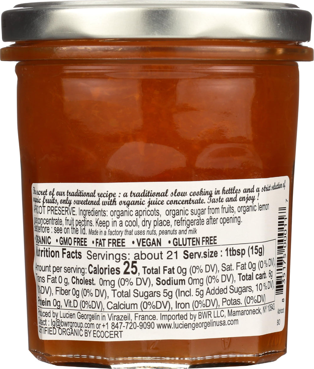 Lucien Georgelin Organic apricot spread closeup highlights fruit-forward flavor for mornings.