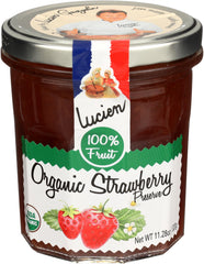 LUCIEN GEORGELIN organic strawberry fruit spread jar on a breakfast board, ideal for quick breakfast