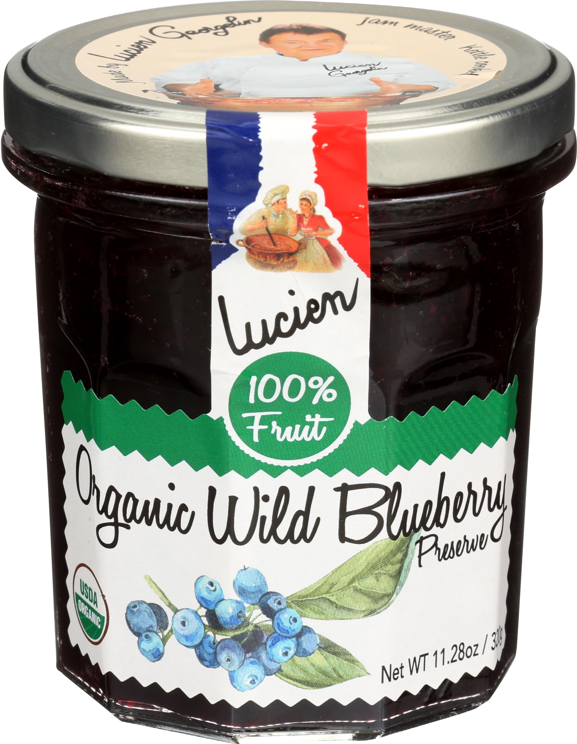 LUCIEN GEORGELIN Organic Wild Blueberry Spread jar on kitchen counter, ideal for toast.