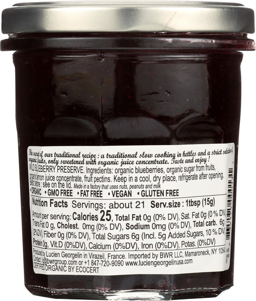 LUCIEN GEORGELIN Organic Wild Blueberry Spread label shows gluten-free and non-GMO features.