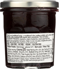 LUCIEN GEORGELIN Organic Wild Blueberry Spread label shows gluten-free and non-GMO features.