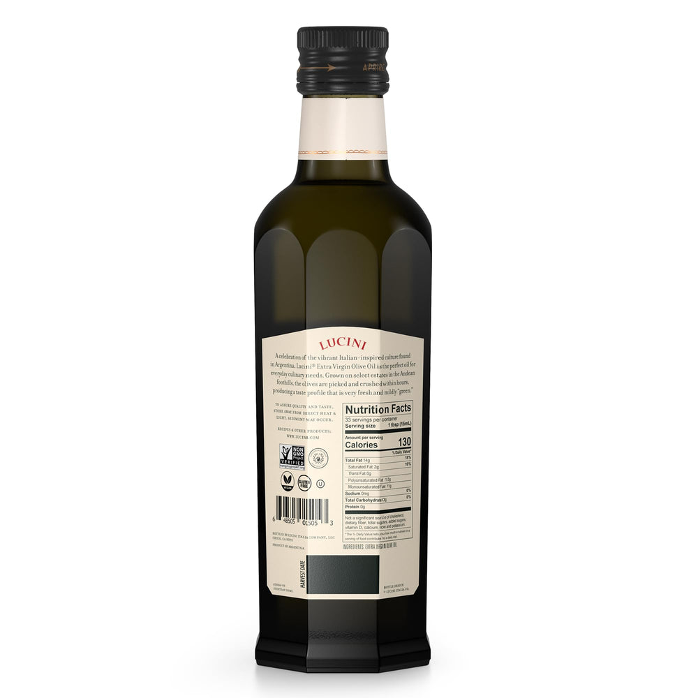 Lucini Everyday EVOO label close-up highlights kosher-certified, non-GMO quality.