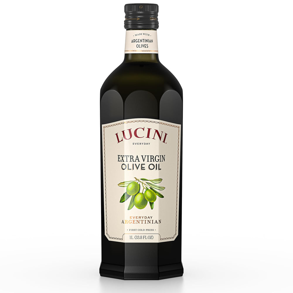 Lucini Everyday Extra Virgin Olive Oil bottle front view for everyday cooking versatility.