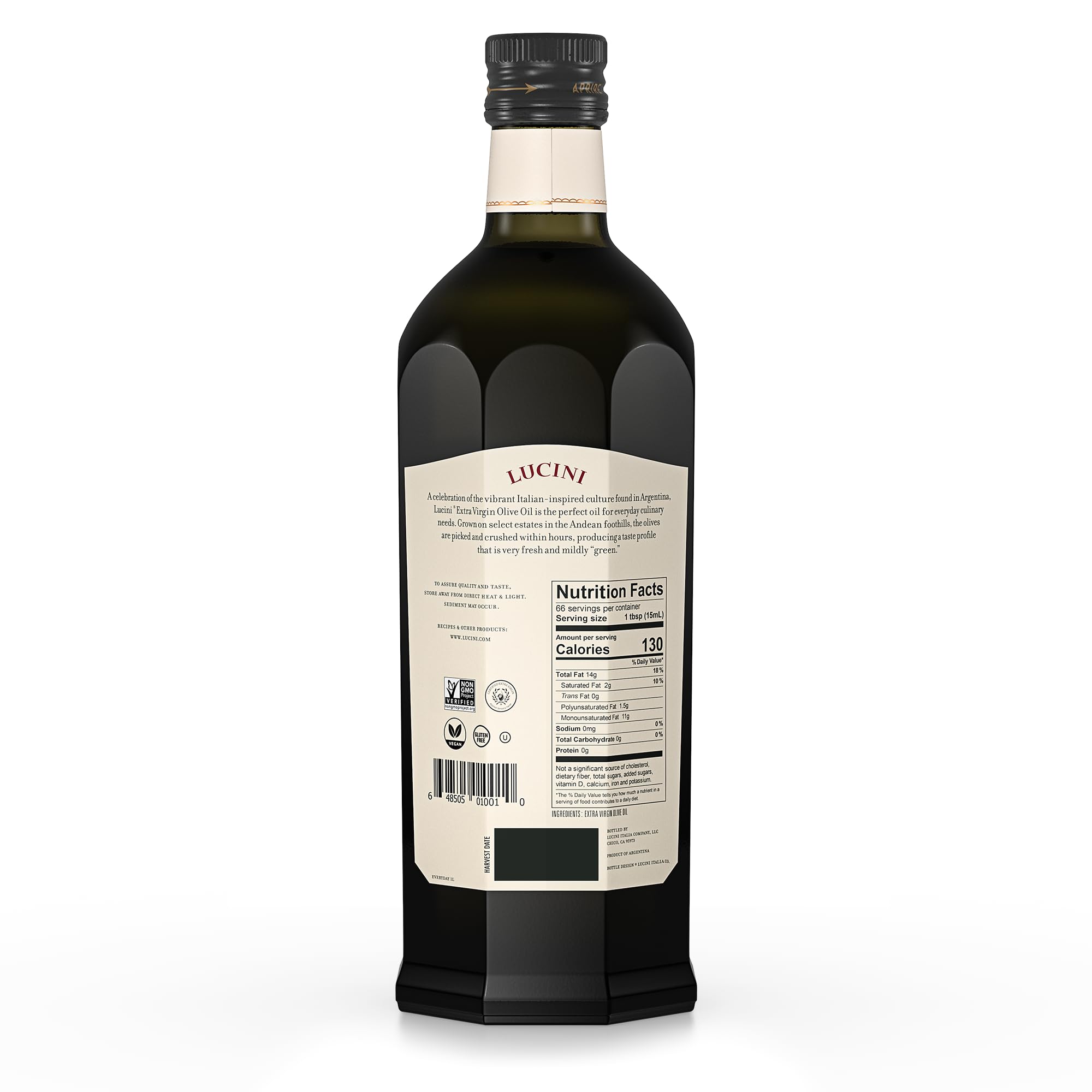 Lucini EVOO bottle pour highlighting easy drizzle and sauté use.