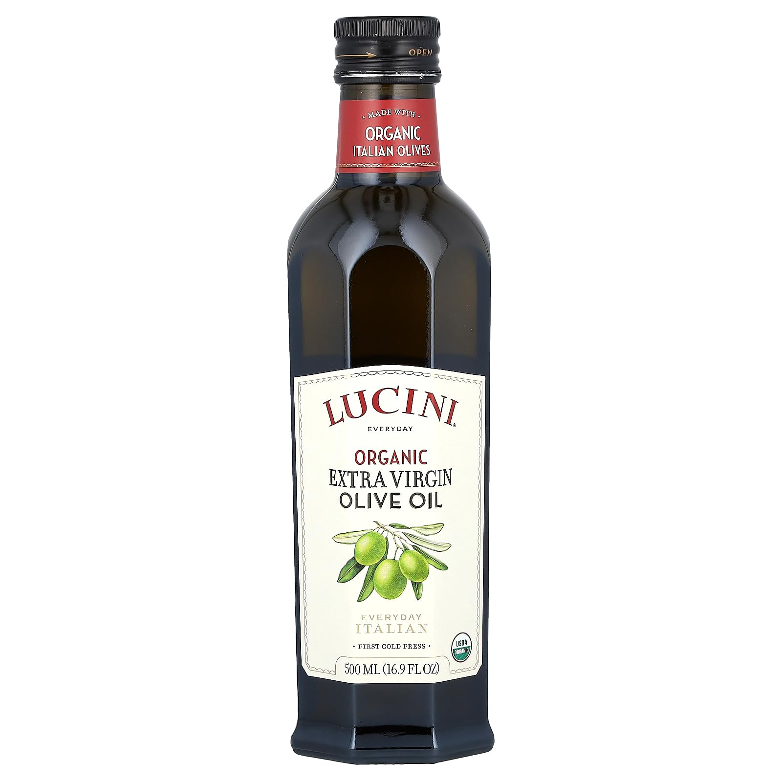 Lucini Organic Everyday Extra Virgin Olive Oil bottle being poured for cooking.