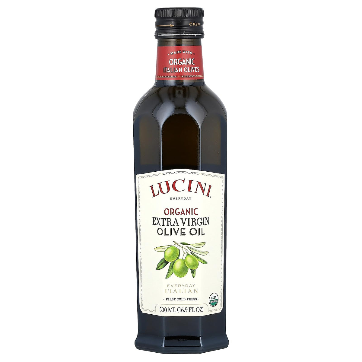 Lucini Organic Everyday Extra Virgin Olive Oil bottle being poured for cooking.