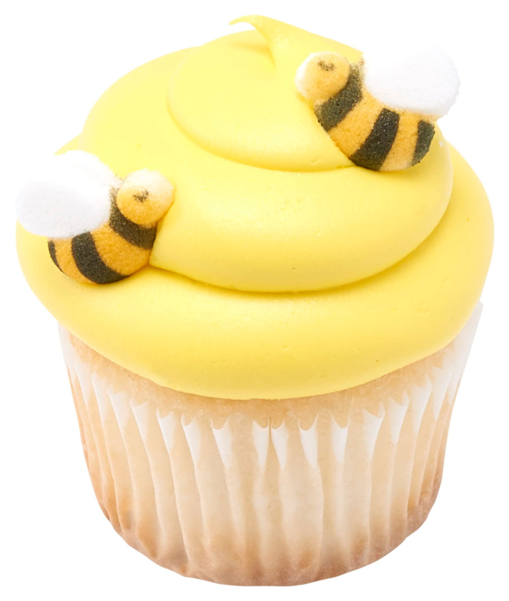 Lucks Dec-Ons Bumble Bees sugar decorations on cupcakes for festive treats.