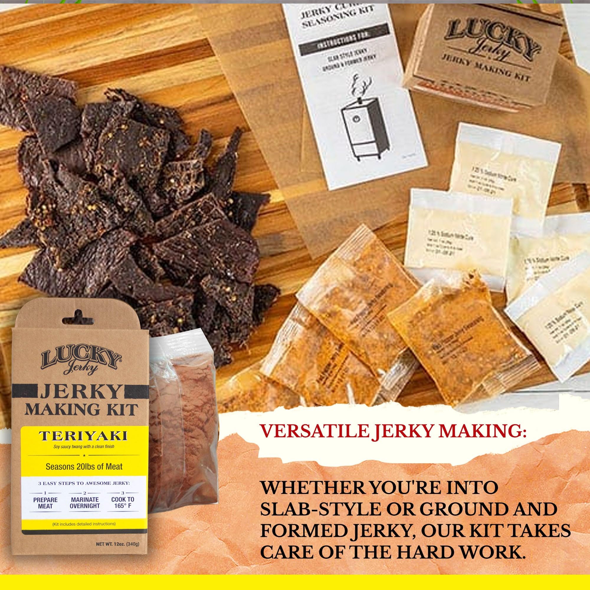 Lucky Beef Jerky cure packet included for consistent jerky curing