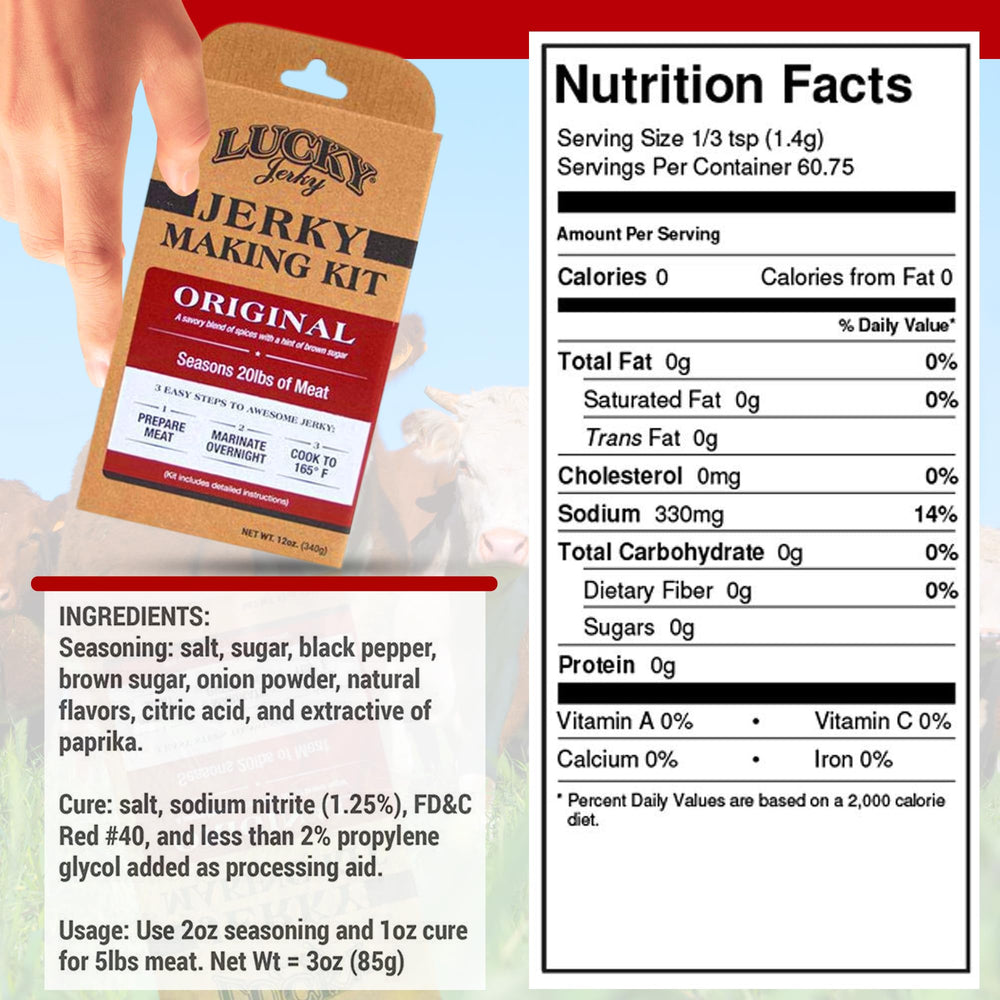 Lucky Beef Jerky seasoning kit cure powder bottle emphasizes consistent curing and flavor.