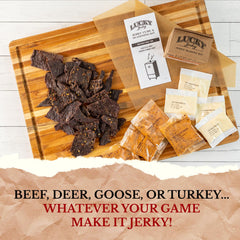 Lucky Beef Jerky Peppered DIY Kit final product with sliced jerky ready to air-dry