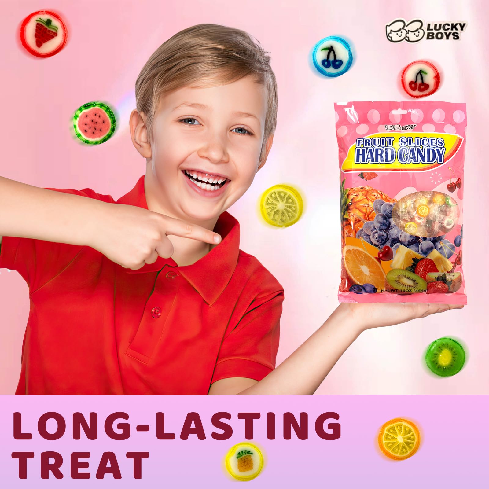 1 lb bag of Lucky Boys Fruit Slices provides generous servings for groups.