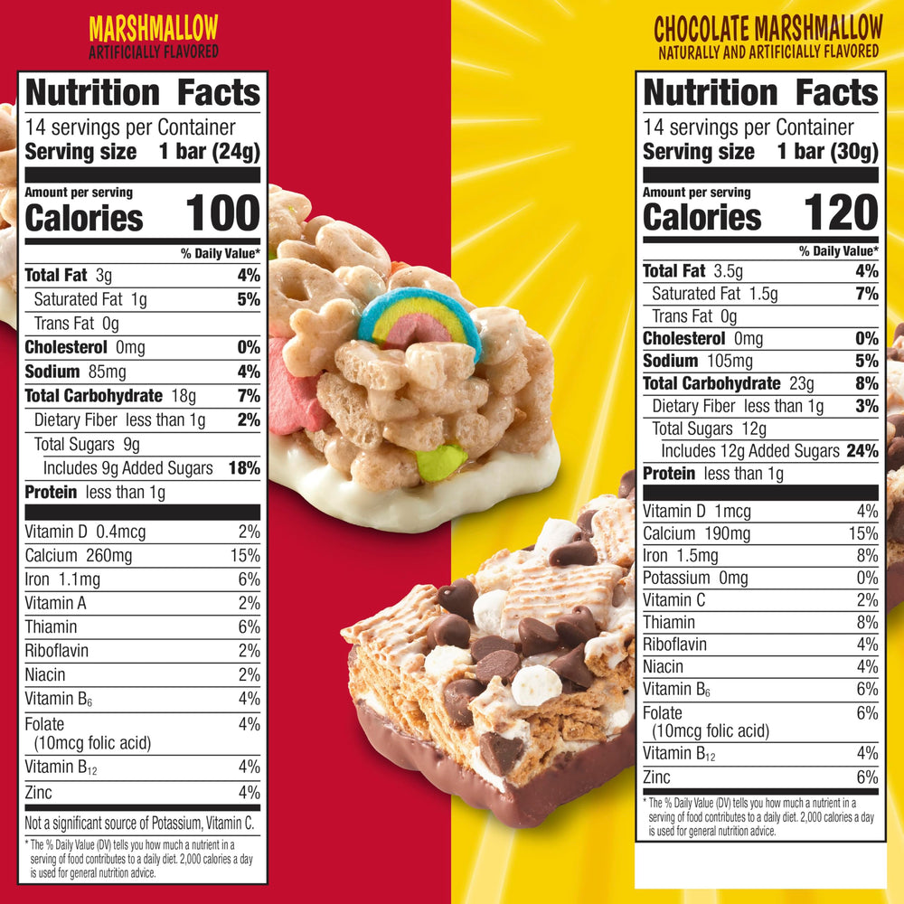 Lucky Charms bars marshmallow crunch closeup highlights marshmallows in cereal bars for snacking.