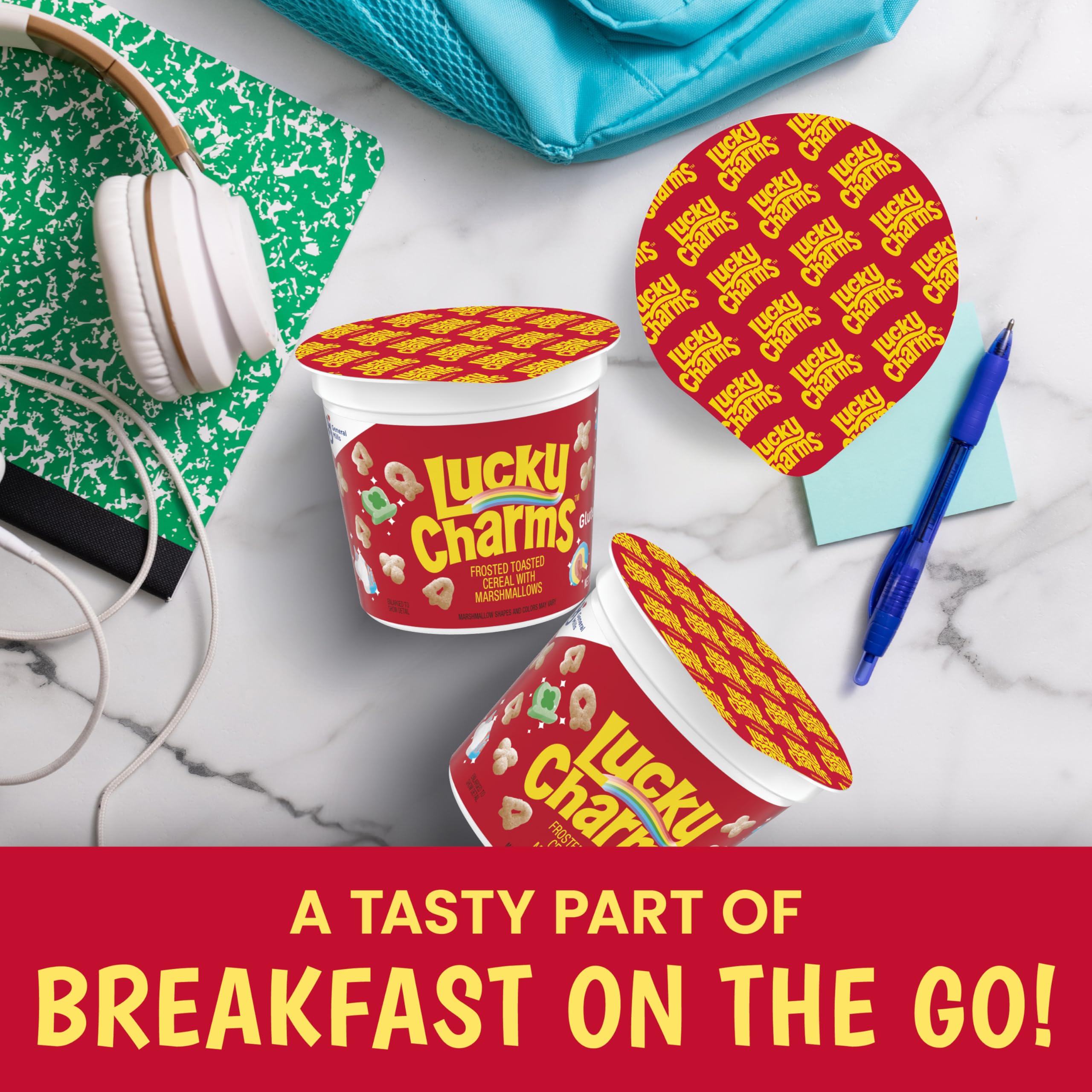 Lucky Charms frosted toasted cereal with iconic marshmallows for quick mornings.