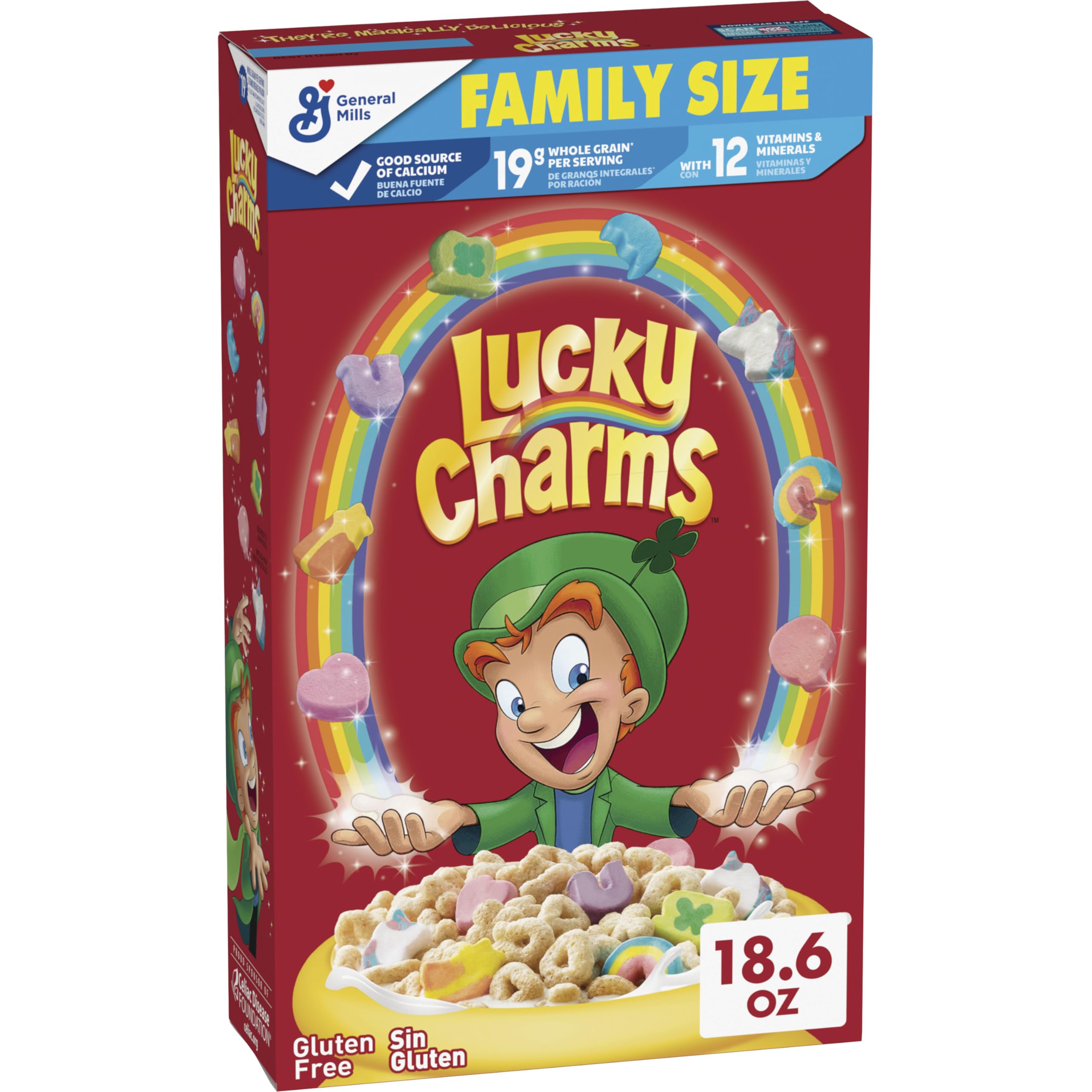 Lucky Charms gluten free cereal box showing marshmallow shapes for breakfast.
