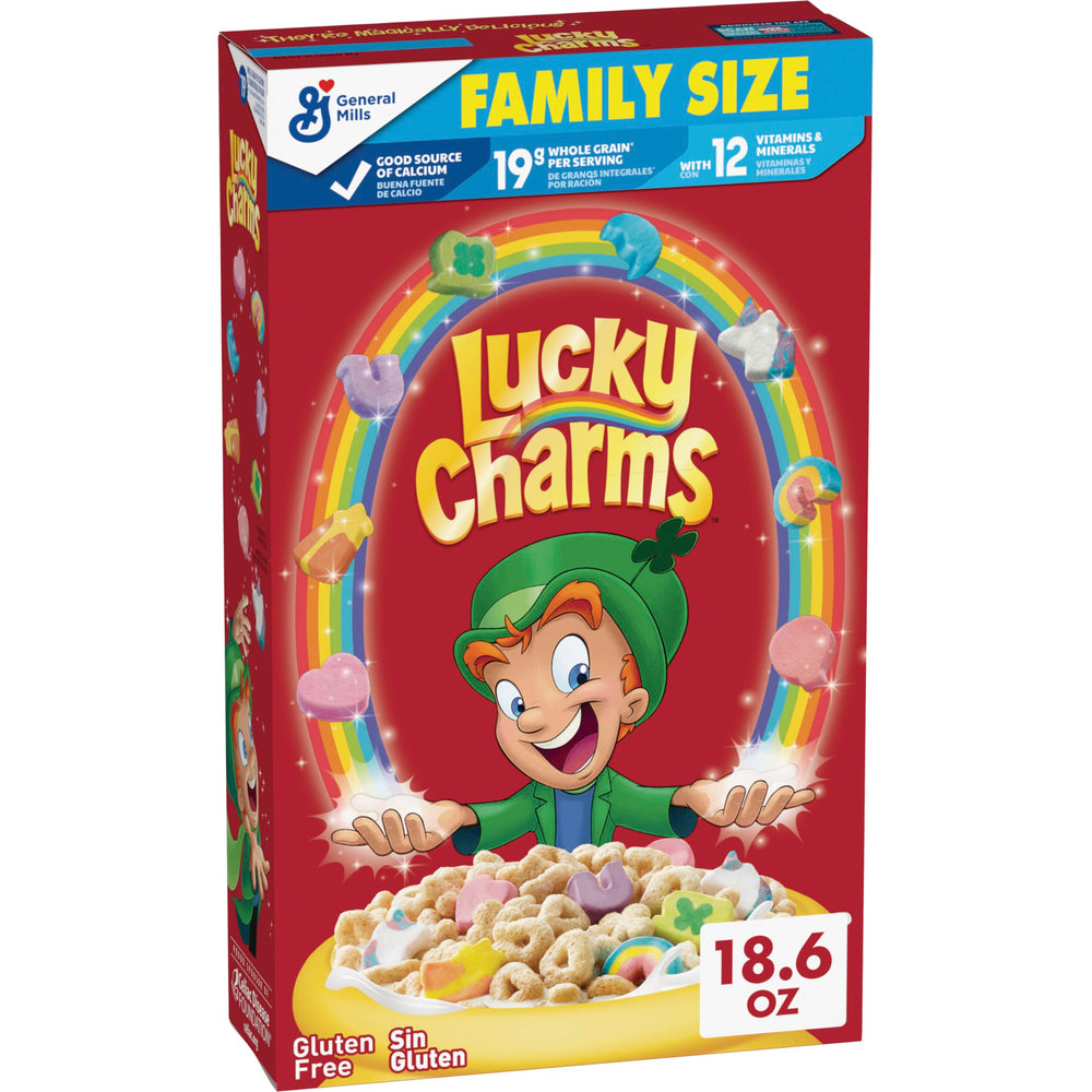Lucky Charms gluten free cereal box showing marshmallow shapes for breakfast.