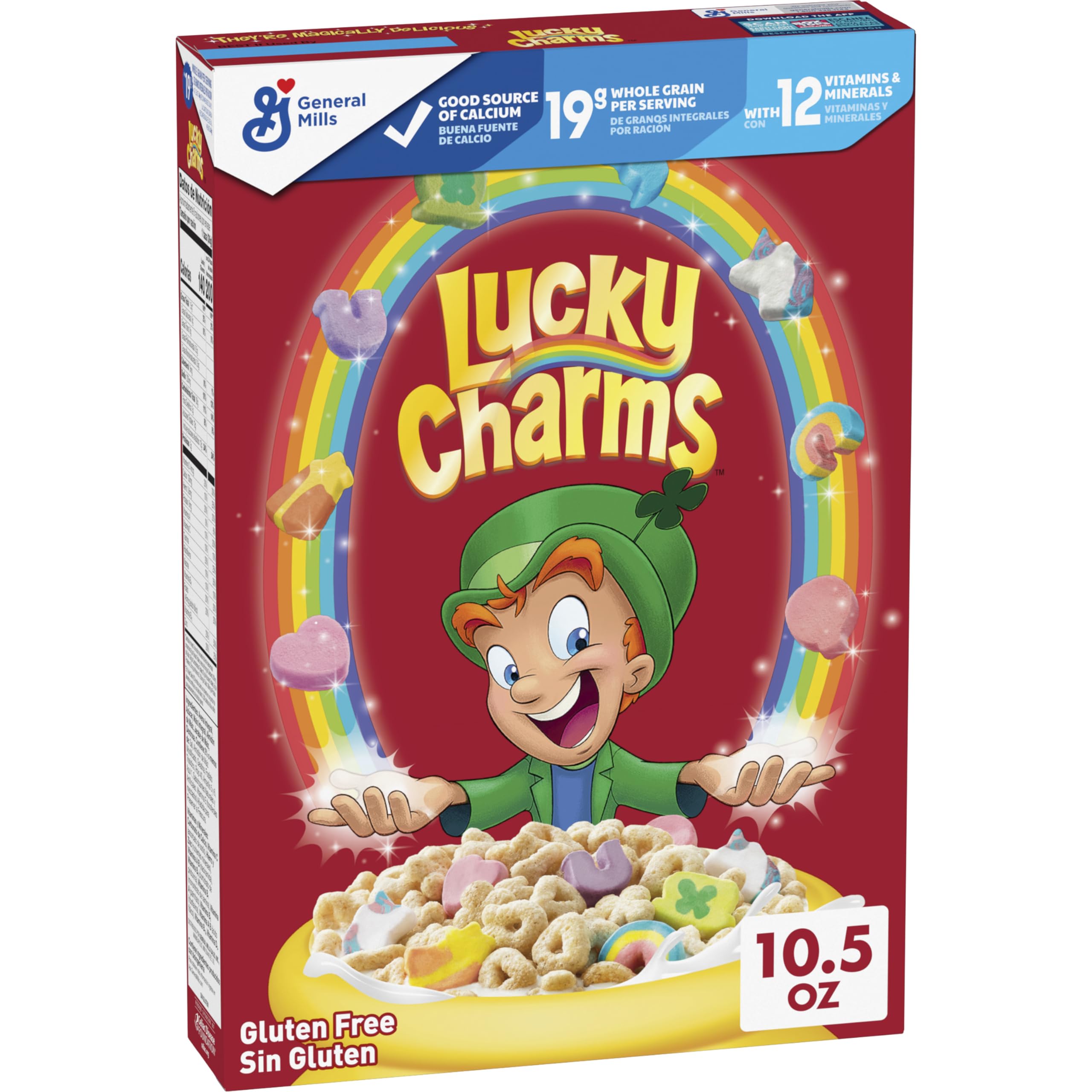 Lucky Charms gluten free cereal box with marshmallows, ideal for kid-friendly breakfast