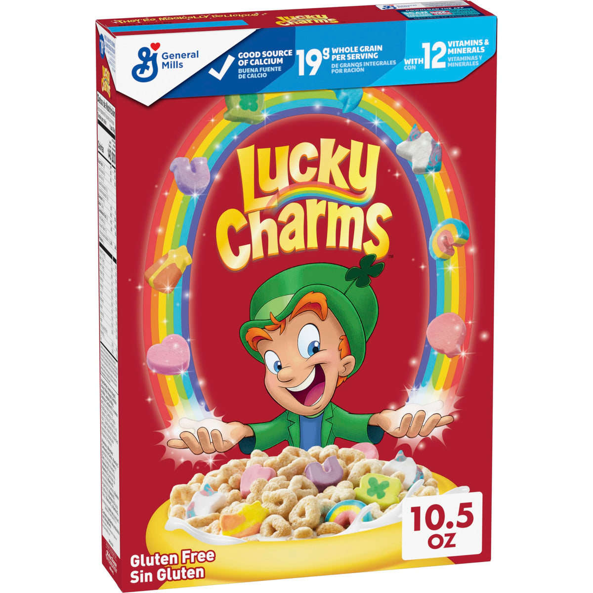 Lucky Charms gluten free cereal box with marshmallows, ideal for kid-friendly breakfast