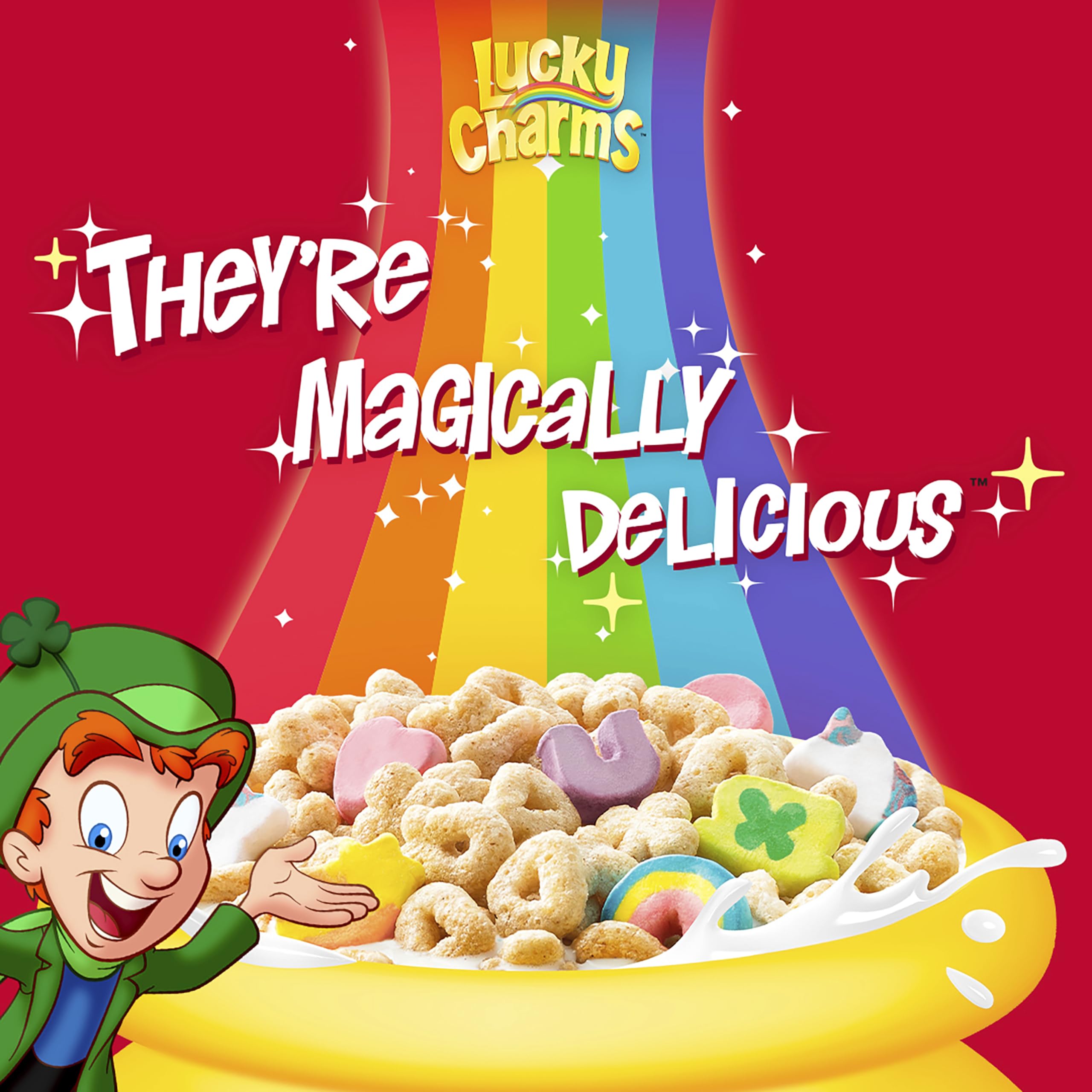 Pouring Lucky Charms with milk for a quick morning boost.