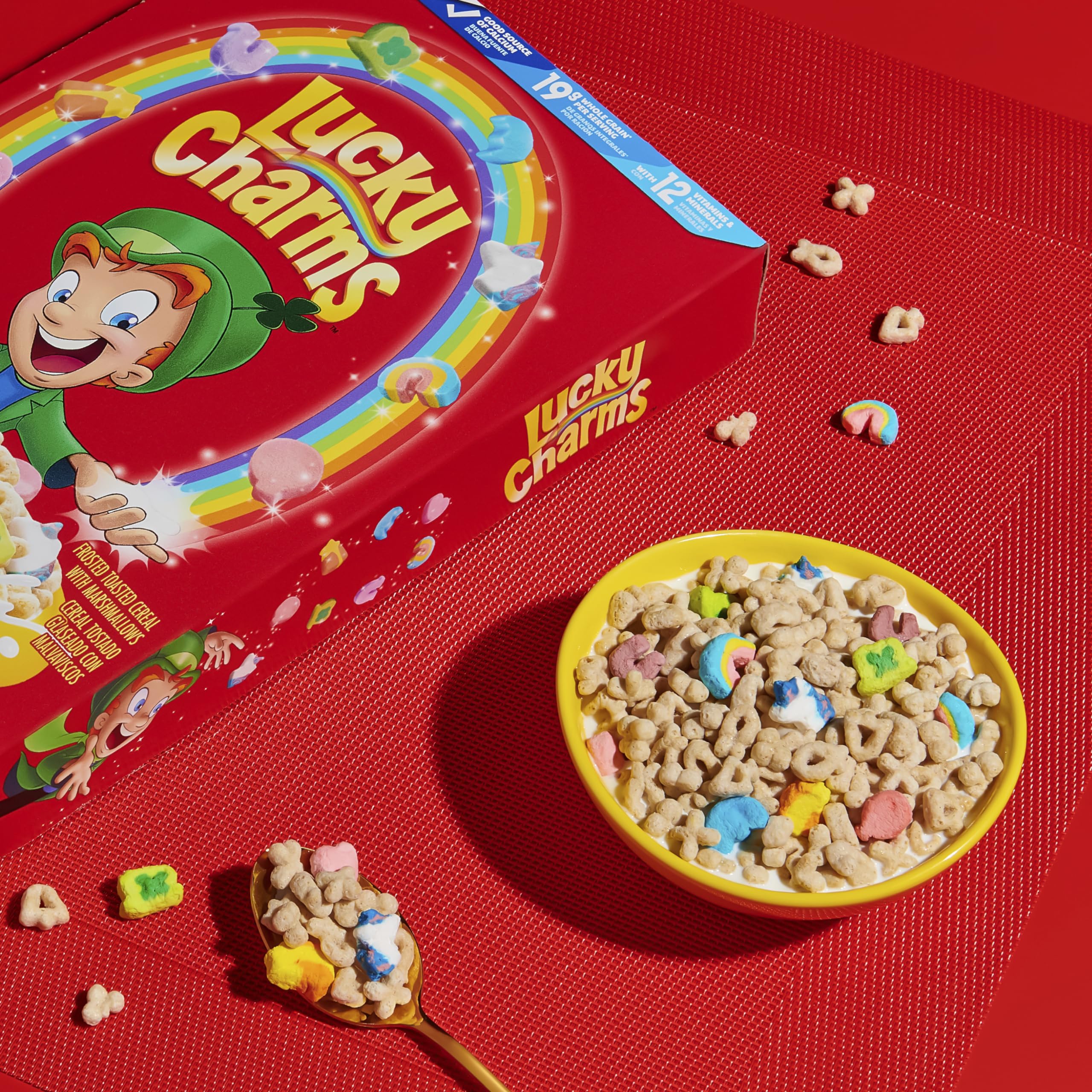 Vitamin and mineral details on Lucky Charms cereal box.