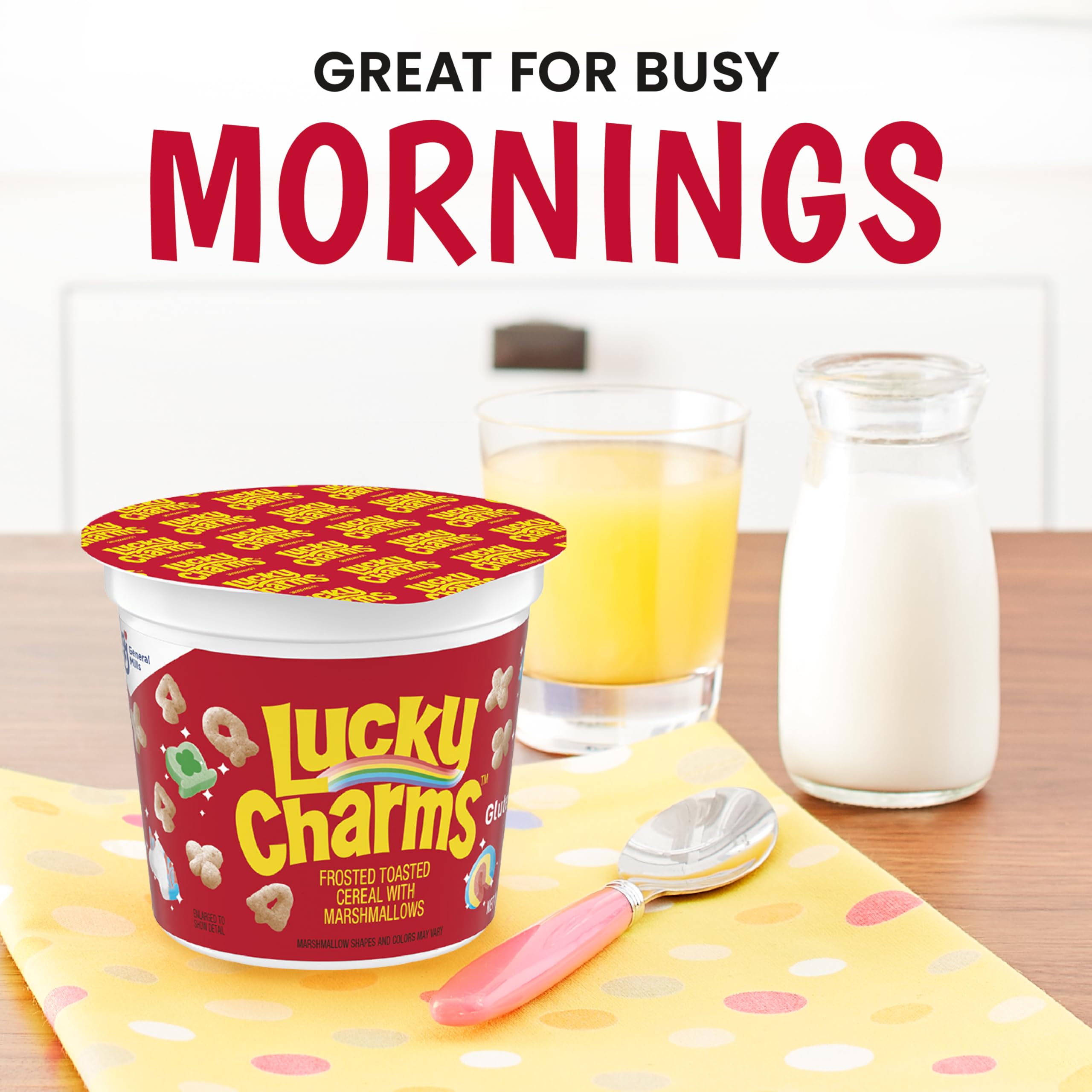 Lucky Charms pour-and-go cup with gluten-free crunch and marshmallows.